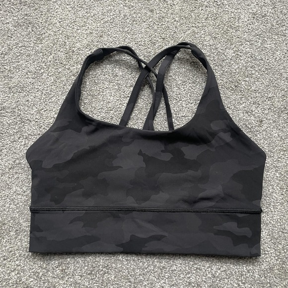 Lululemon Energy Bra Womens 6 Black Camo Strappy Sports Bra Pockets LW2BOZS - Picture 1 of 6